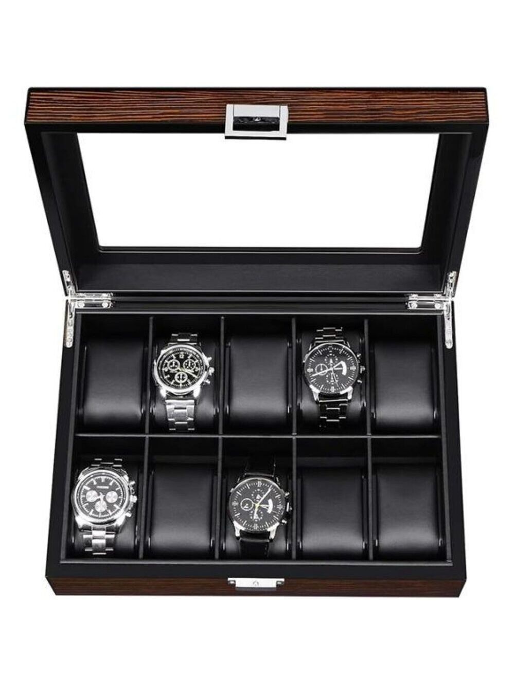 Mens Watch Display Box 10 Slot Organizer Glass Top Storage Case with Pillows